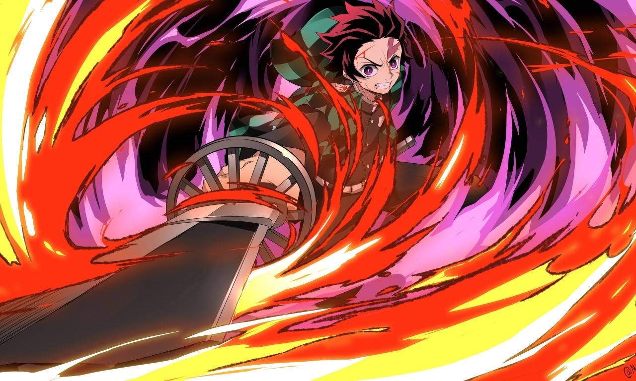 Tanjiro Kamado With Purple And Red Flame Background
