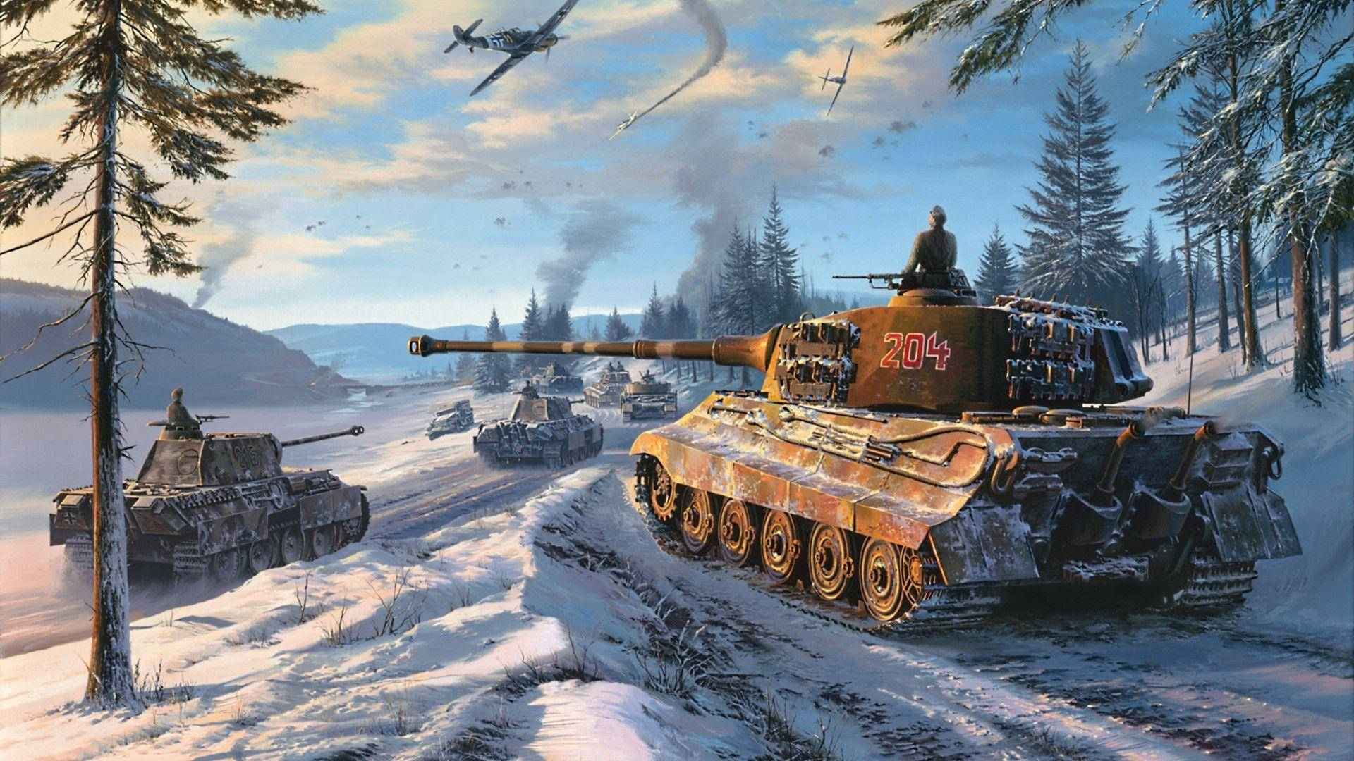 Tanks In Snowy Field Background
