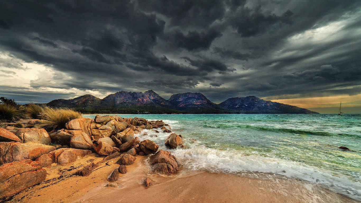 Tasmania Dark Clouds Beach Background