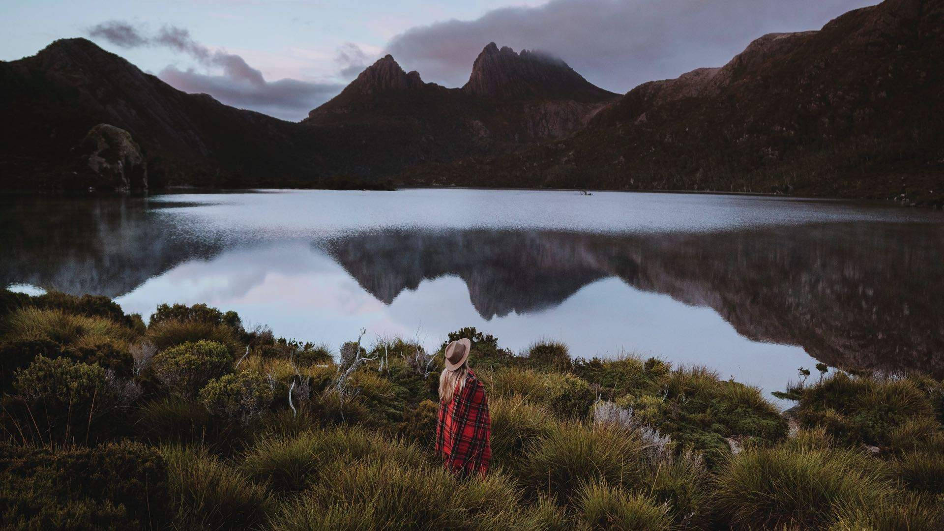 Tasmania Person Looking Lake Background