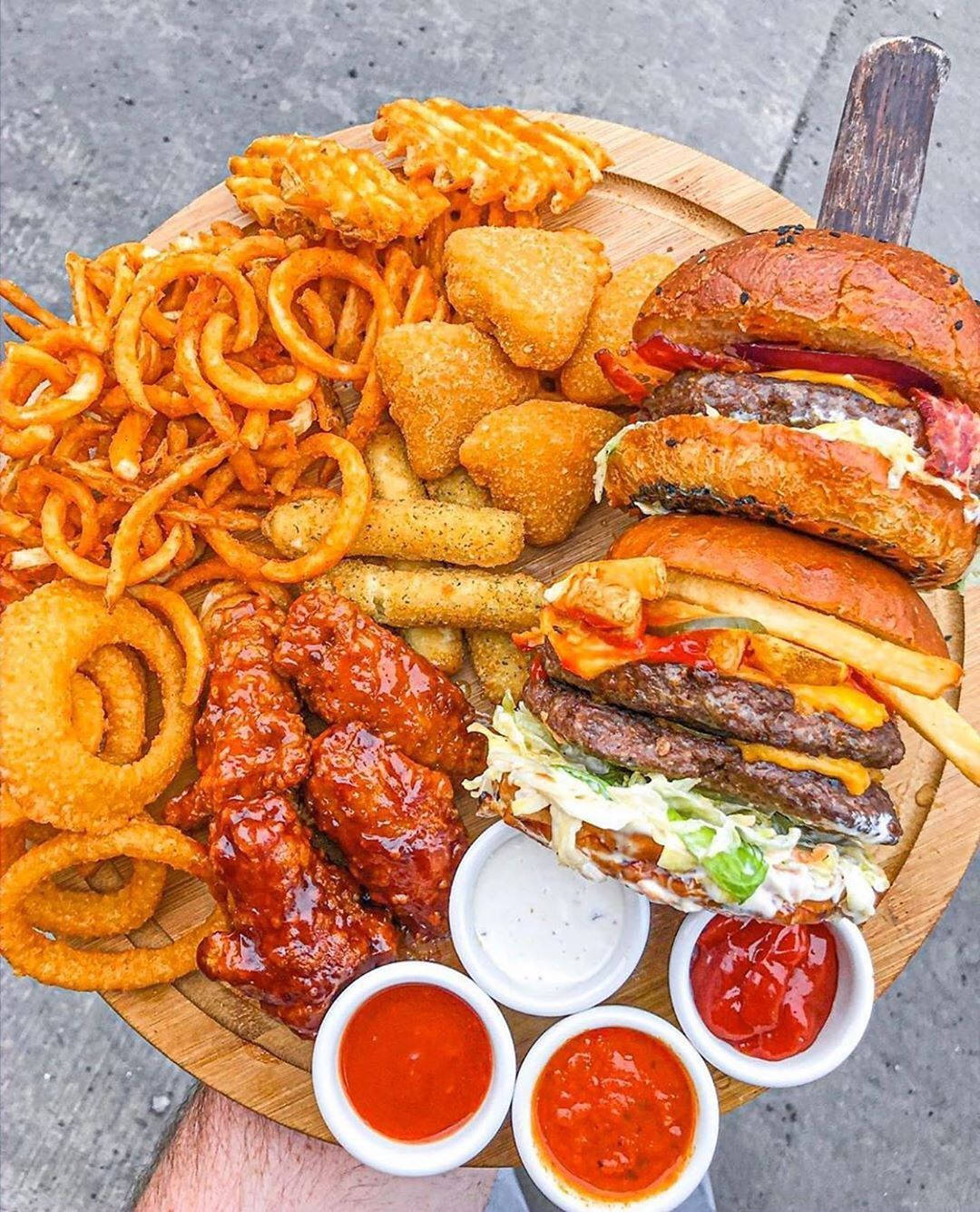 Tasty Burger, Wings, Nuggets, And Fries Background