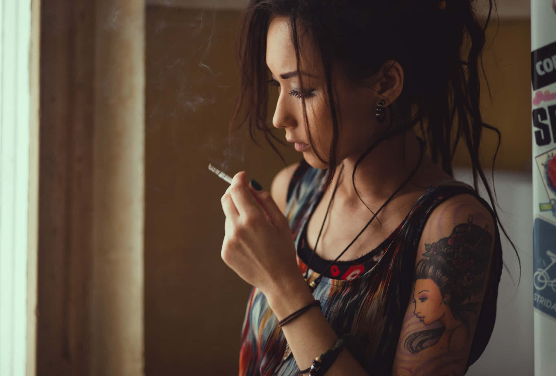 Tattooed Asian Girl Smoking Background