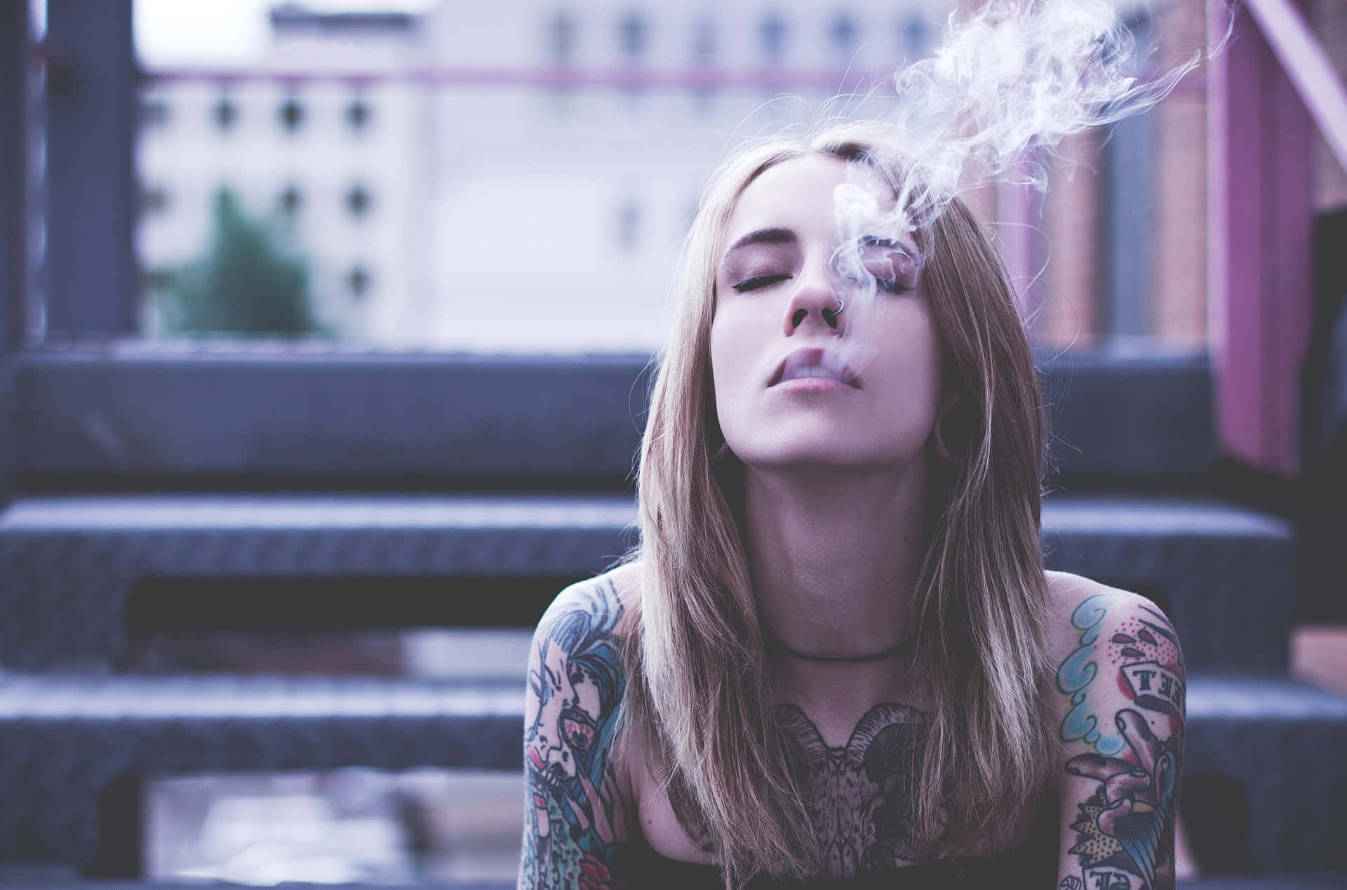 Tattooed Girl Smoking Outside Background