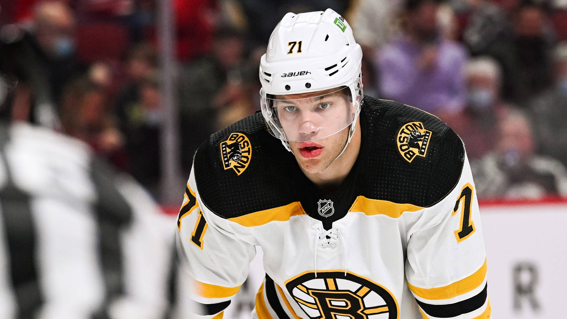 Taylor Hall White Boston Bruins Uniform Background