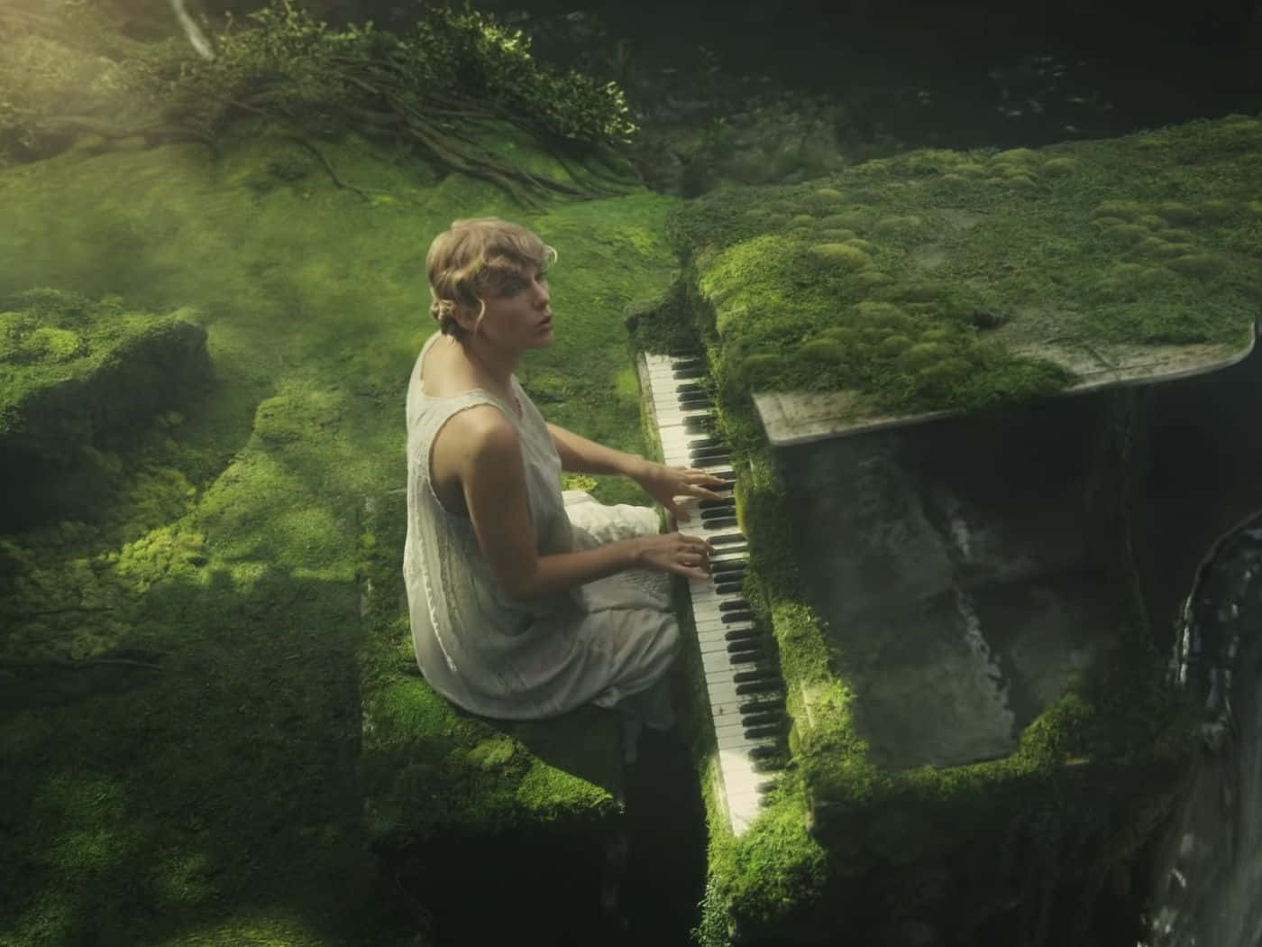 Taylor Swift Folklore Playing Piano In Forest Background