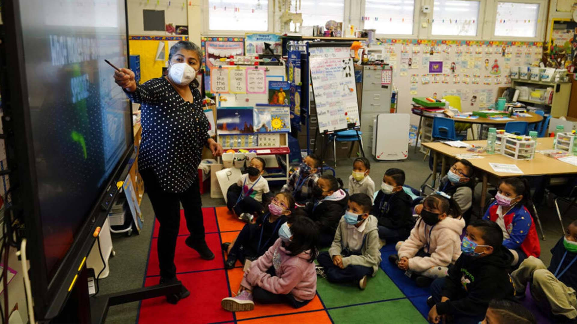 Teacher Explaining Class Students Face Mask Pandemic