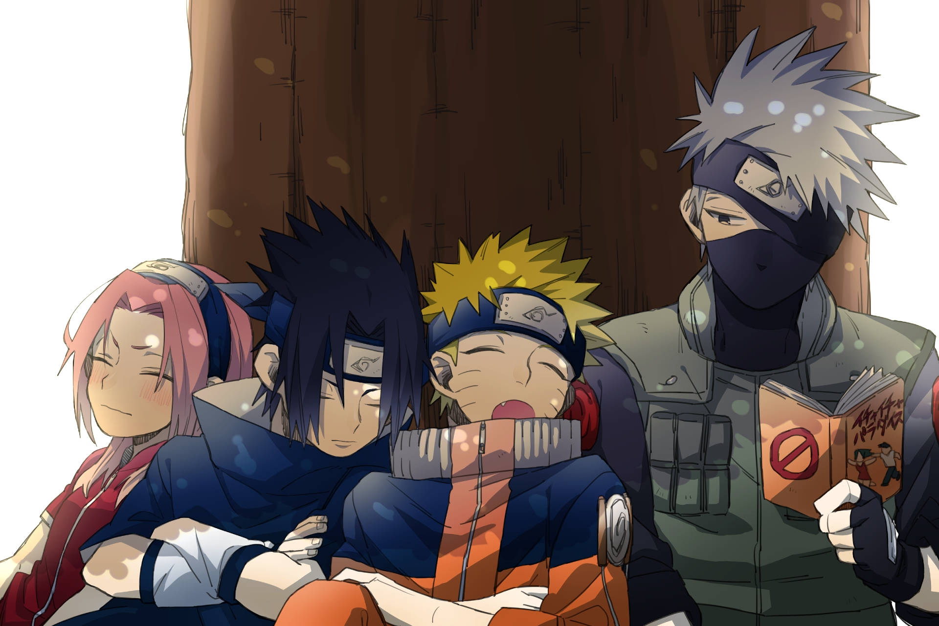 Team 7 Naruto Characters Under Tree Background