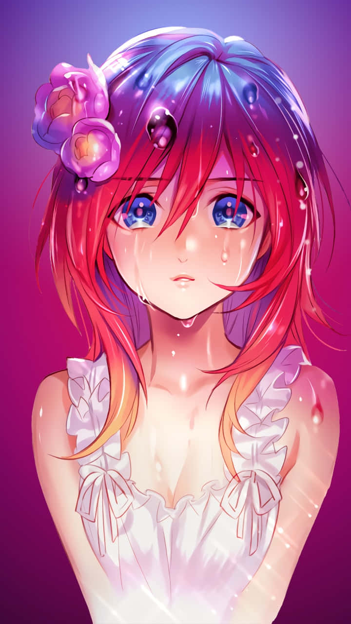 Tearful Rainbow Haired Anime Girl Background