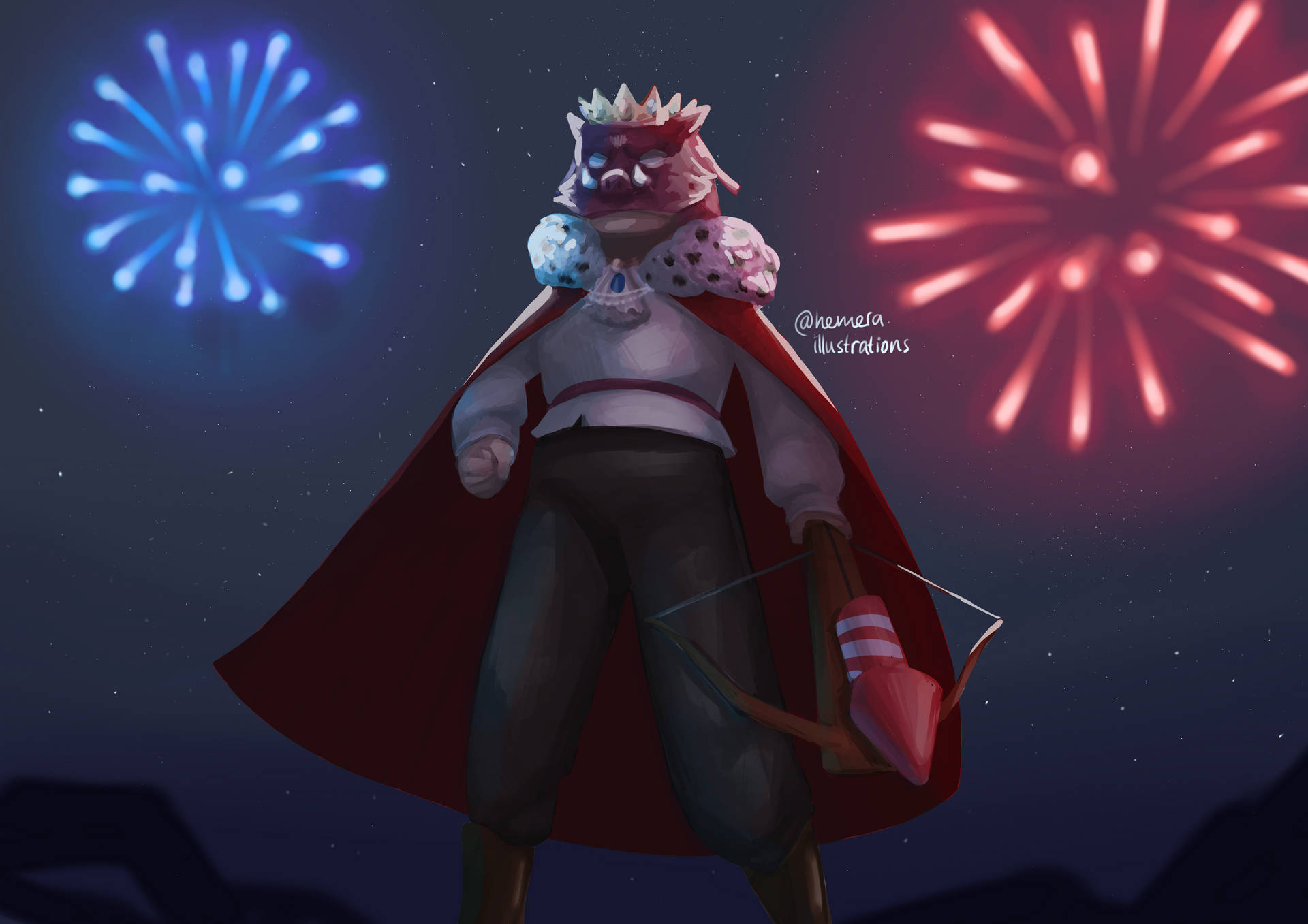 Technoblade Standing Under Fireworks Background