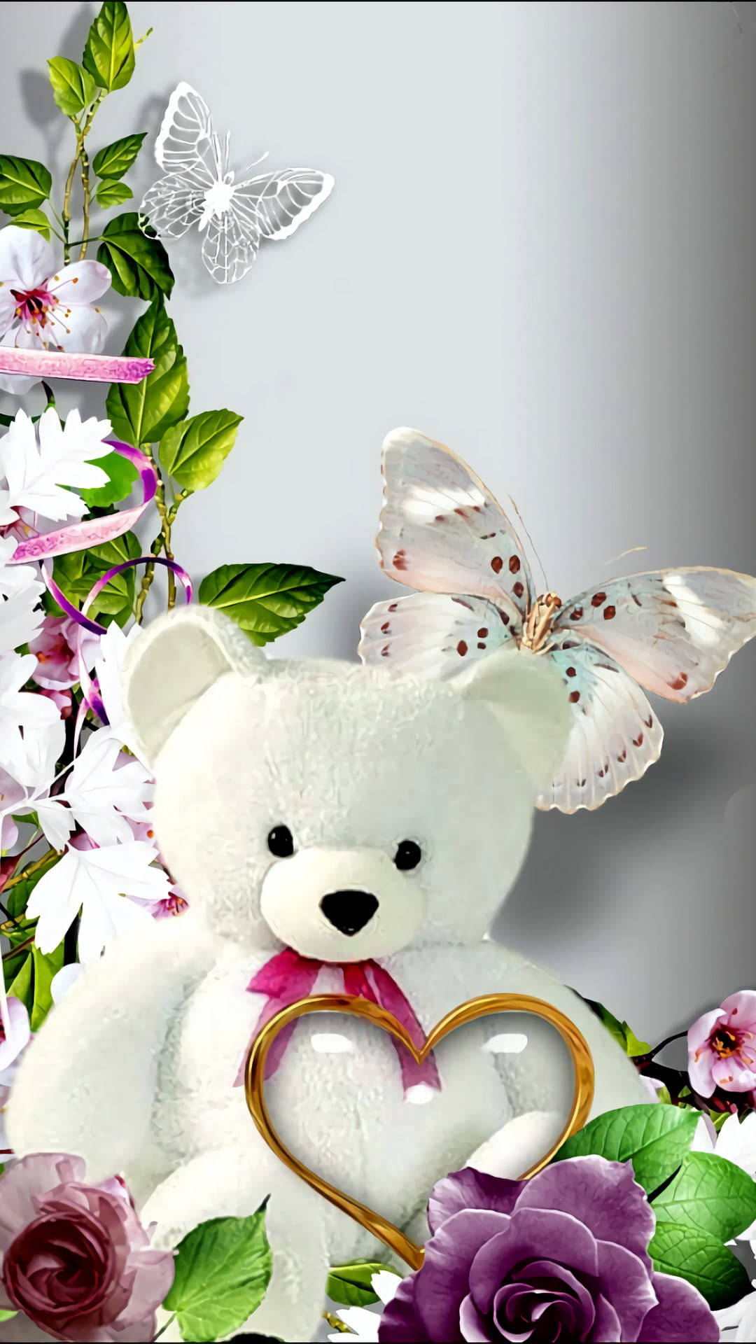 Teddy Bear And Butterfly Flower Mobile Background