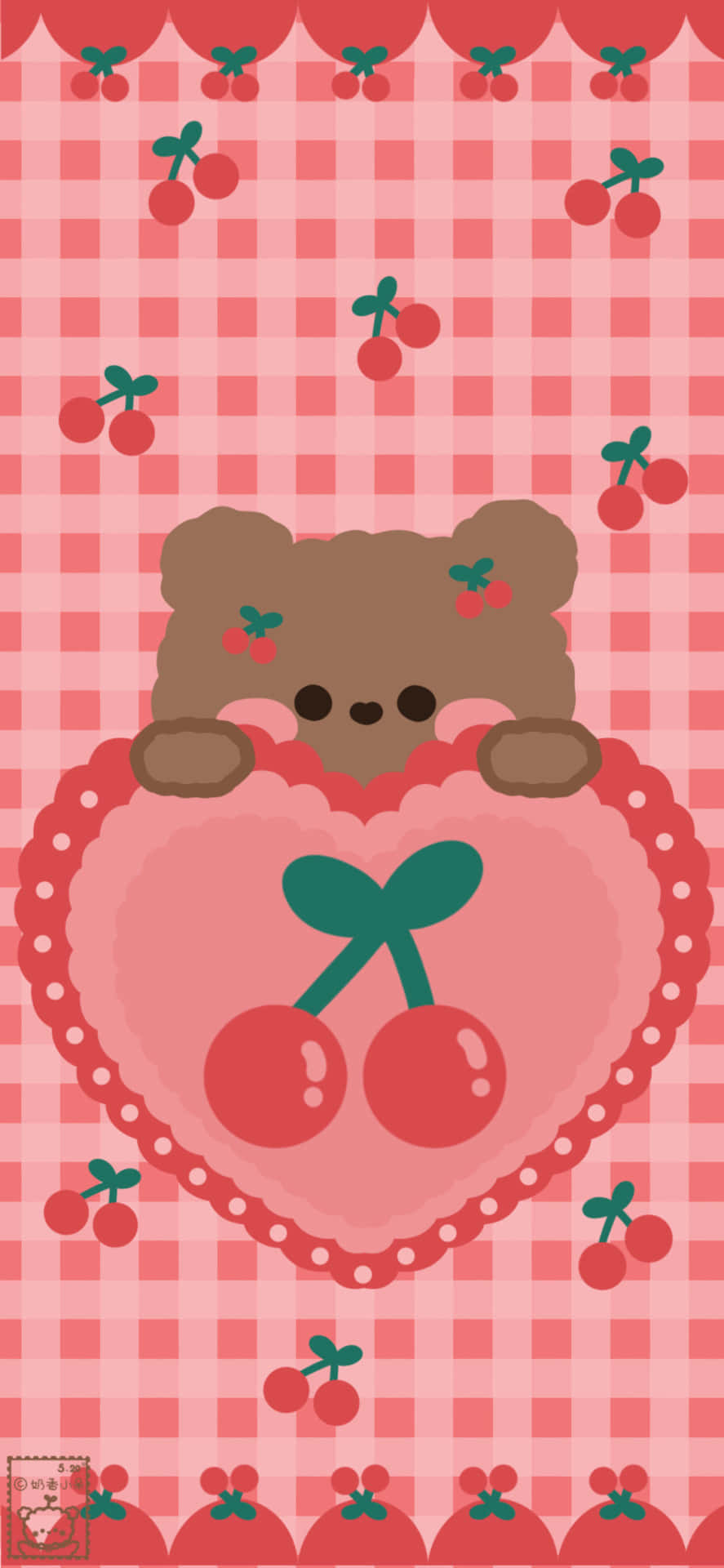 Teddy Bear Heart With Cute Cherry Design Background
