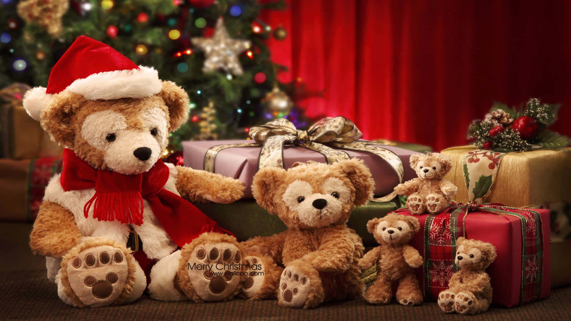 Teddy Bears Sitting In Front Of Christmas Presents Background