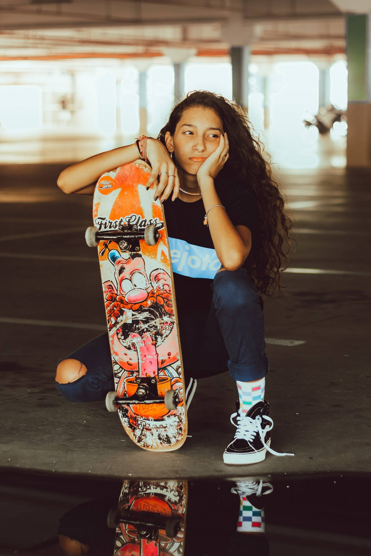 Teenage Girl And Her Cool Skateboard Background