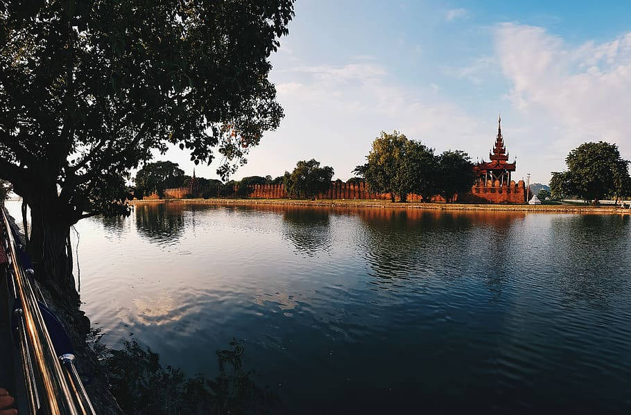 Temple And Lake Myanmar Background