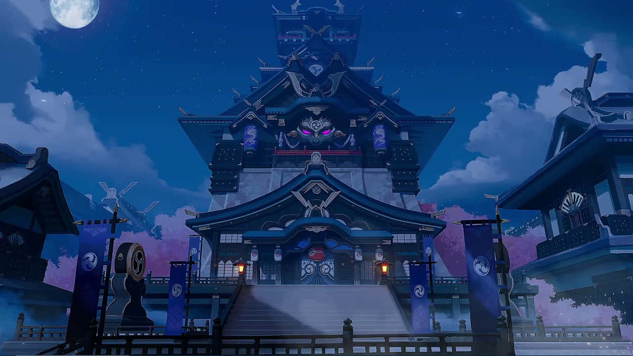 Temple And Moon Inazuma Genshin Background