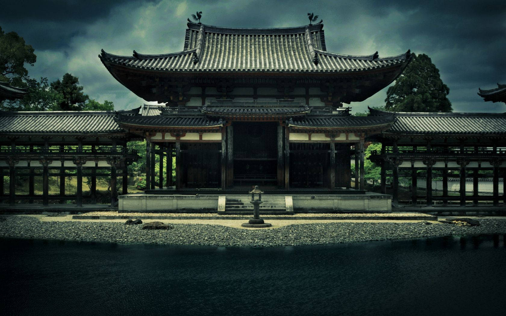 Temple, Phoenix Ensemble, Bedoin, Japan, Kyoto, Architecture, Building, Pond, Trees, Overcast, Sky Background
