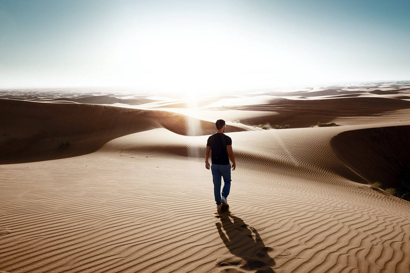 Tenacious Man Walking On The Desert Background