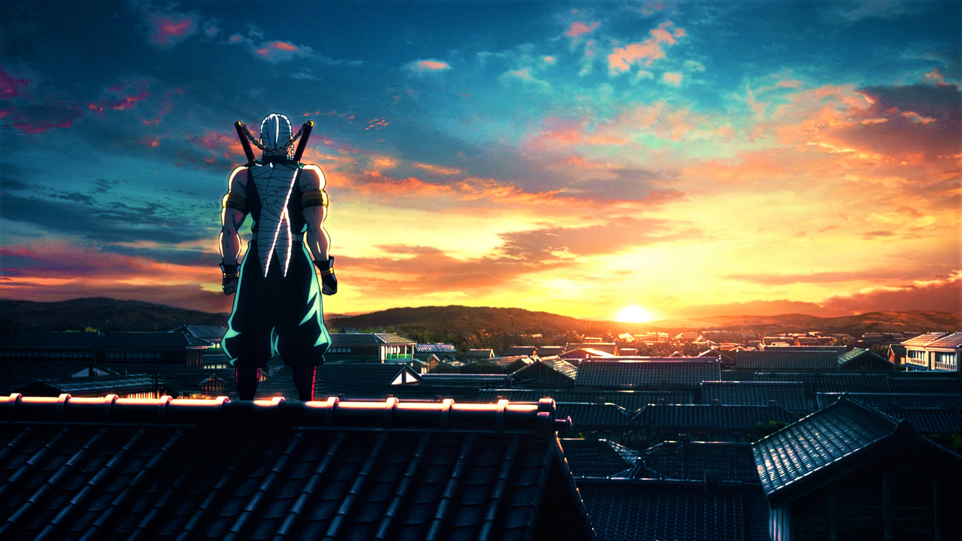 Tengen Uzui Looking At The Sunset Background