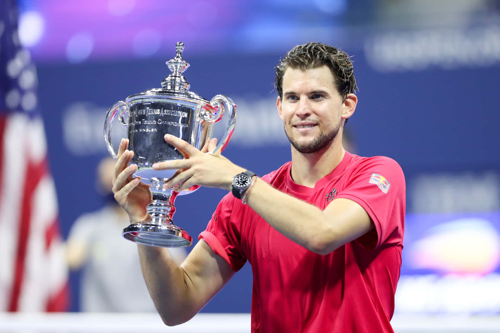 Tennis Champion Holding Trophy Background