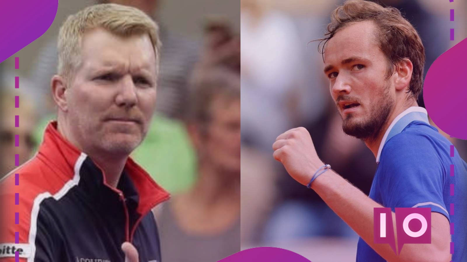 Tennis Legends Jim Courier And Daniil Medvedev Conversing On Court Background