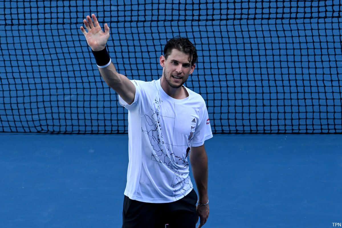 Tennis Player Wavingon Court Background