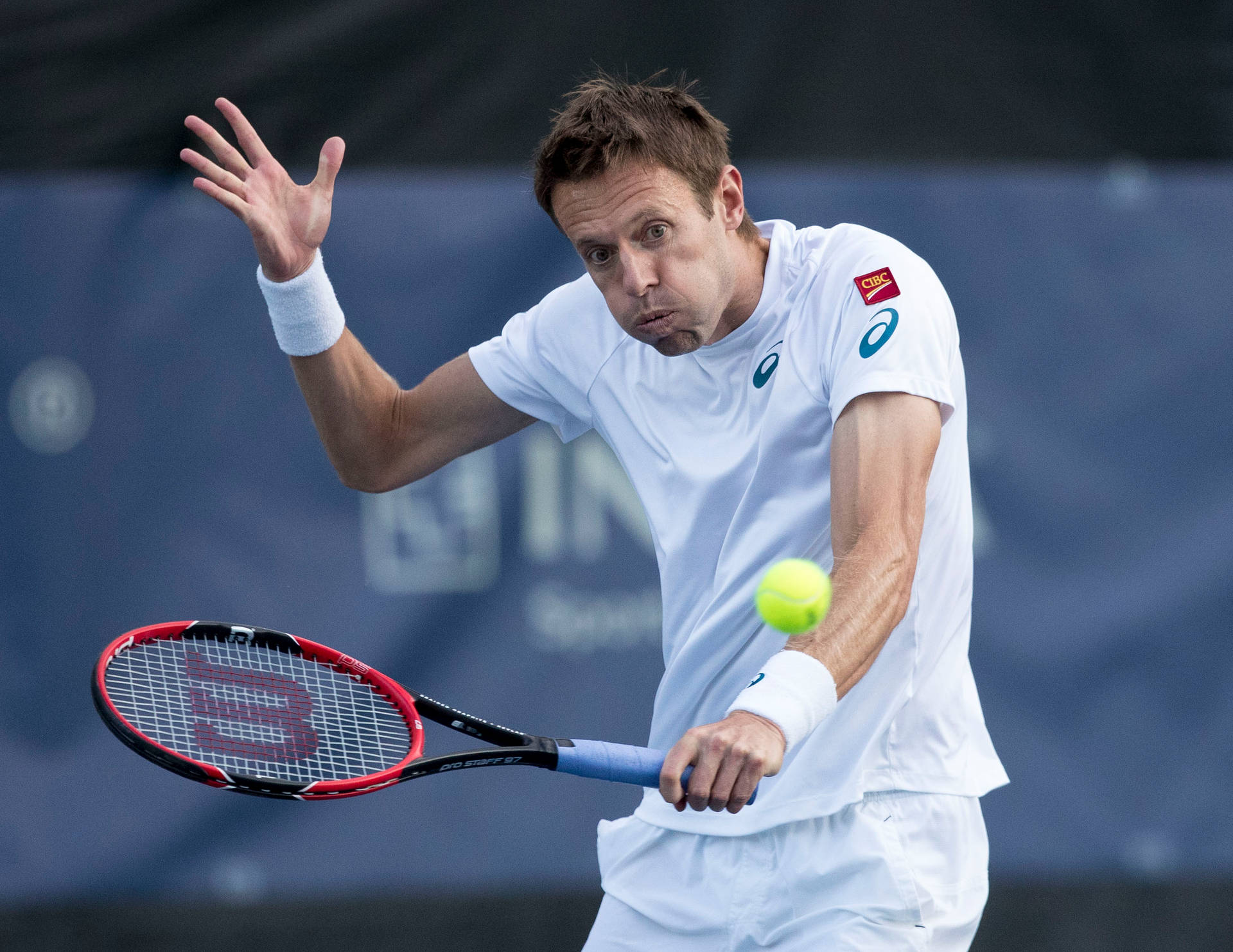 Tennis Pro Daniel Nestor Performing A Quick Stroke Background