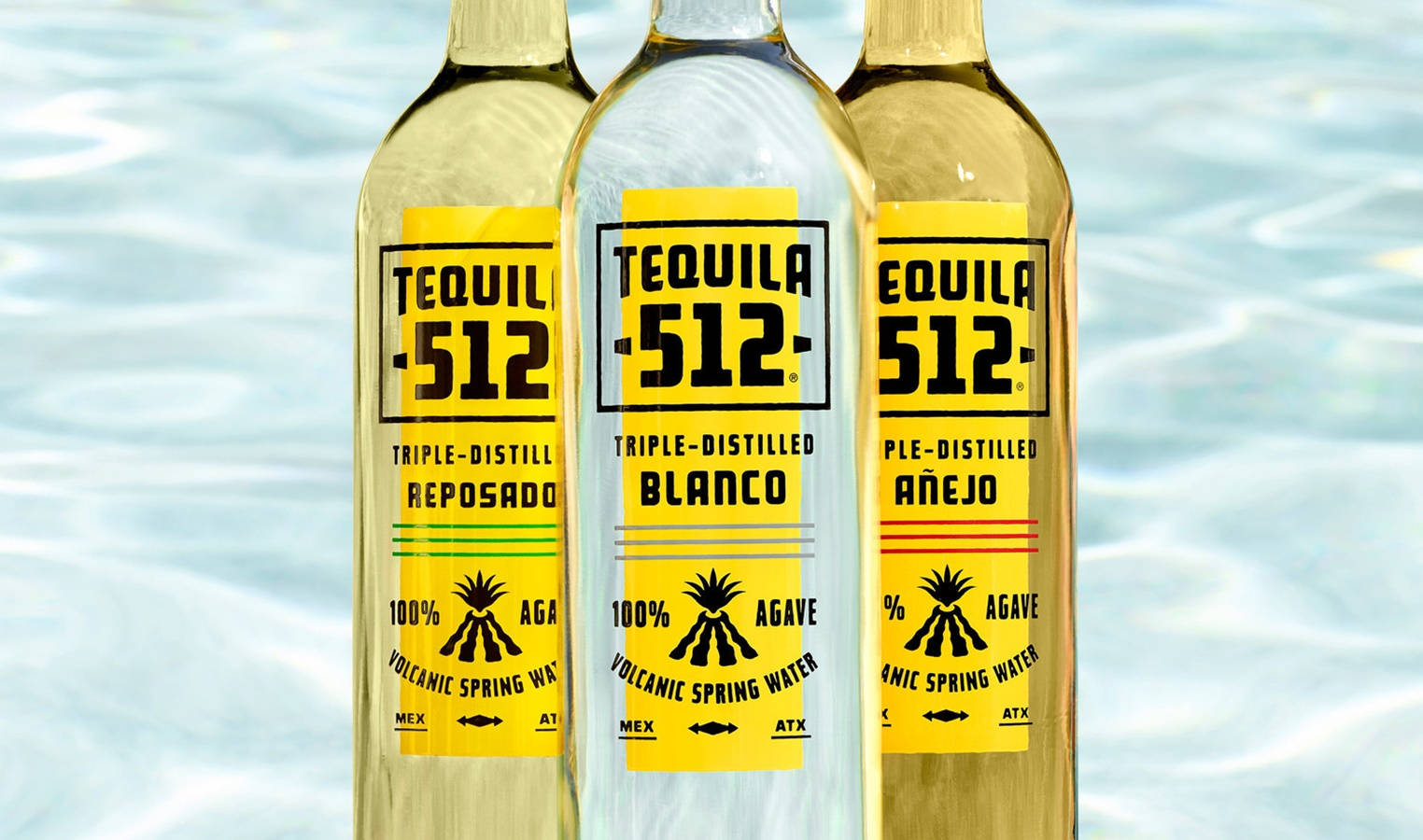 Tequila 512 Reposado Blanco Anejo Bottles Background