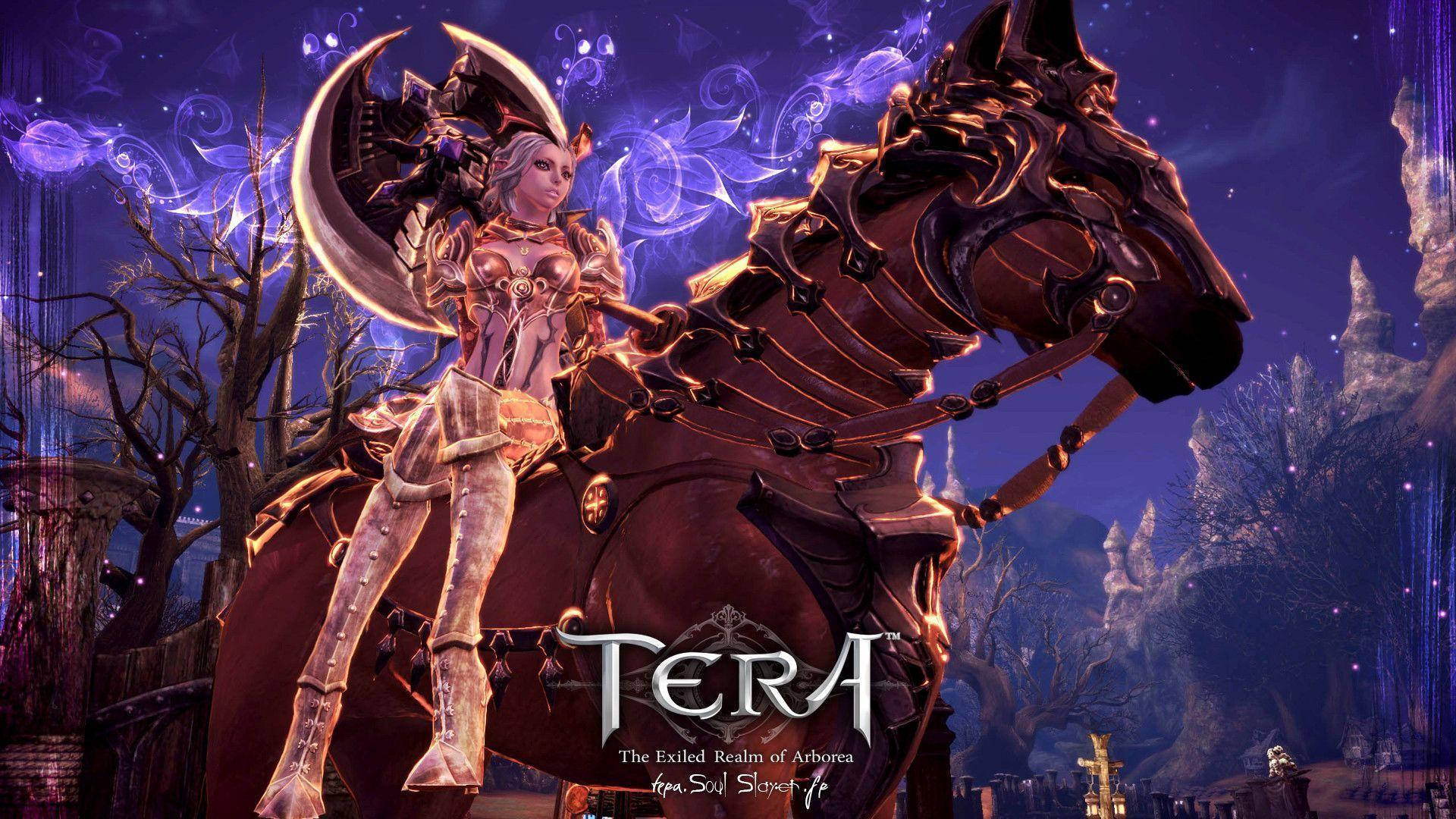 Tera Female Warrior Purple Night Sky Background