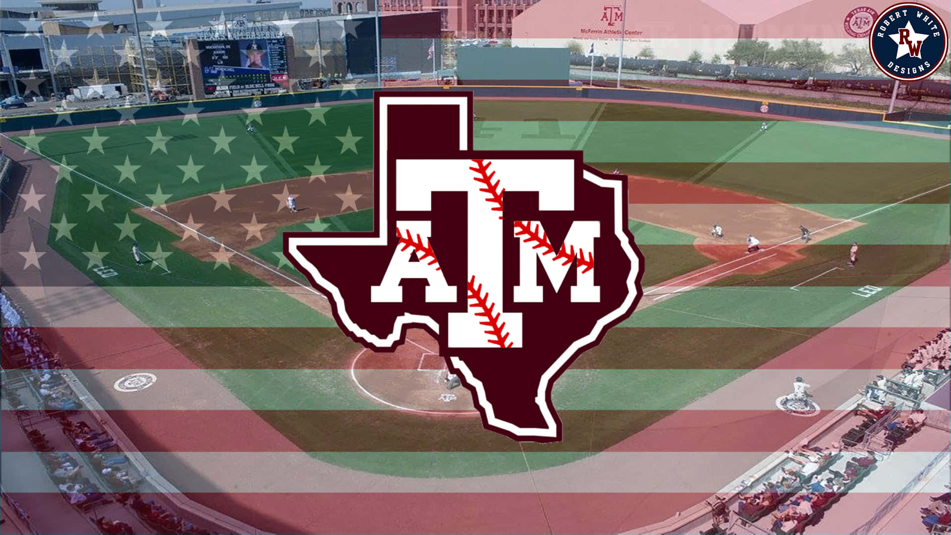 Texas Am Baseball Logo On An American Flag Background