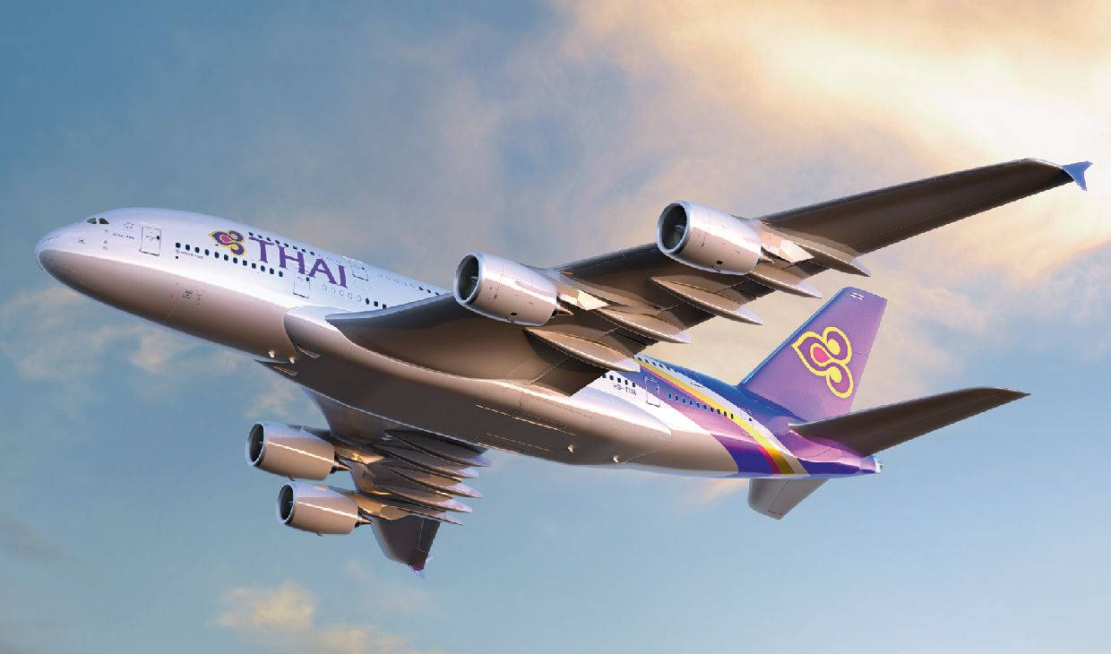 Thai Airways Airplane Under Clouds Background