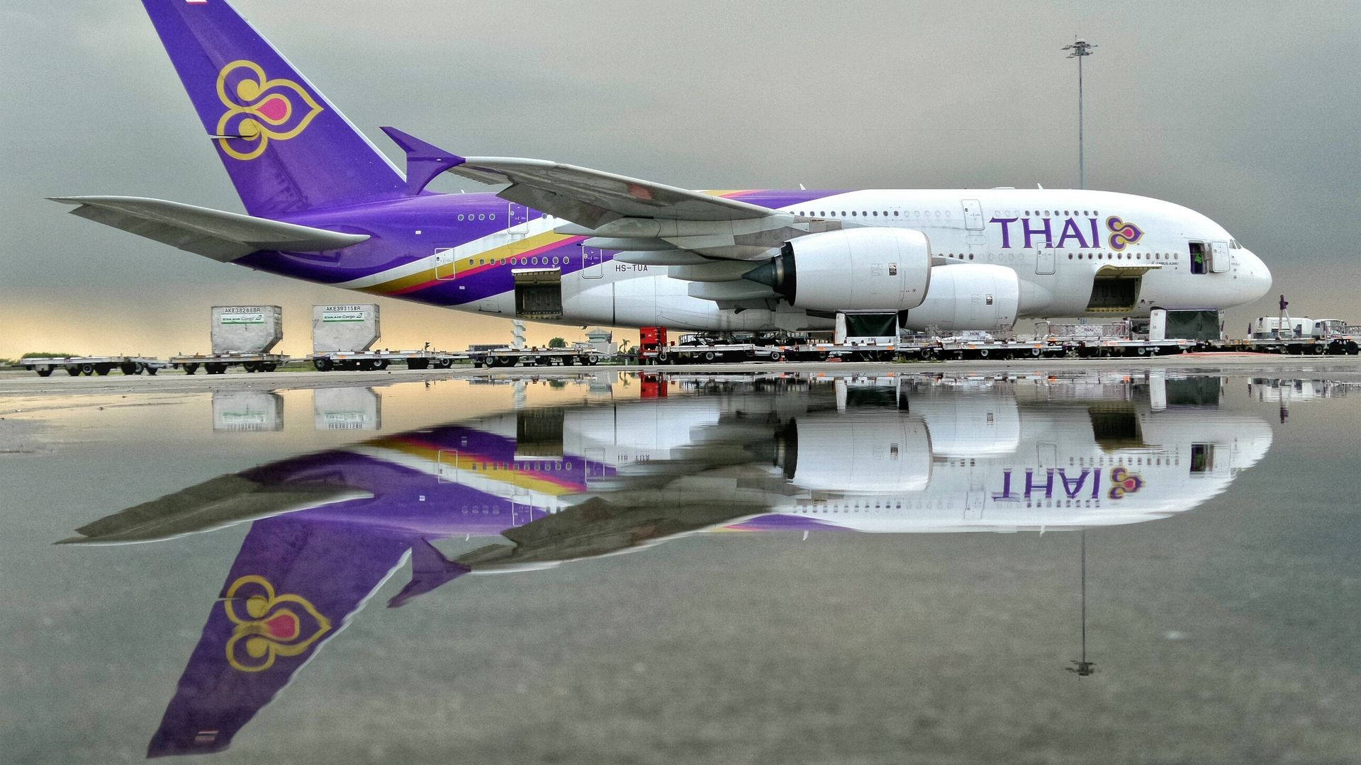 Thai Airways Plane On Flooded Airport Background