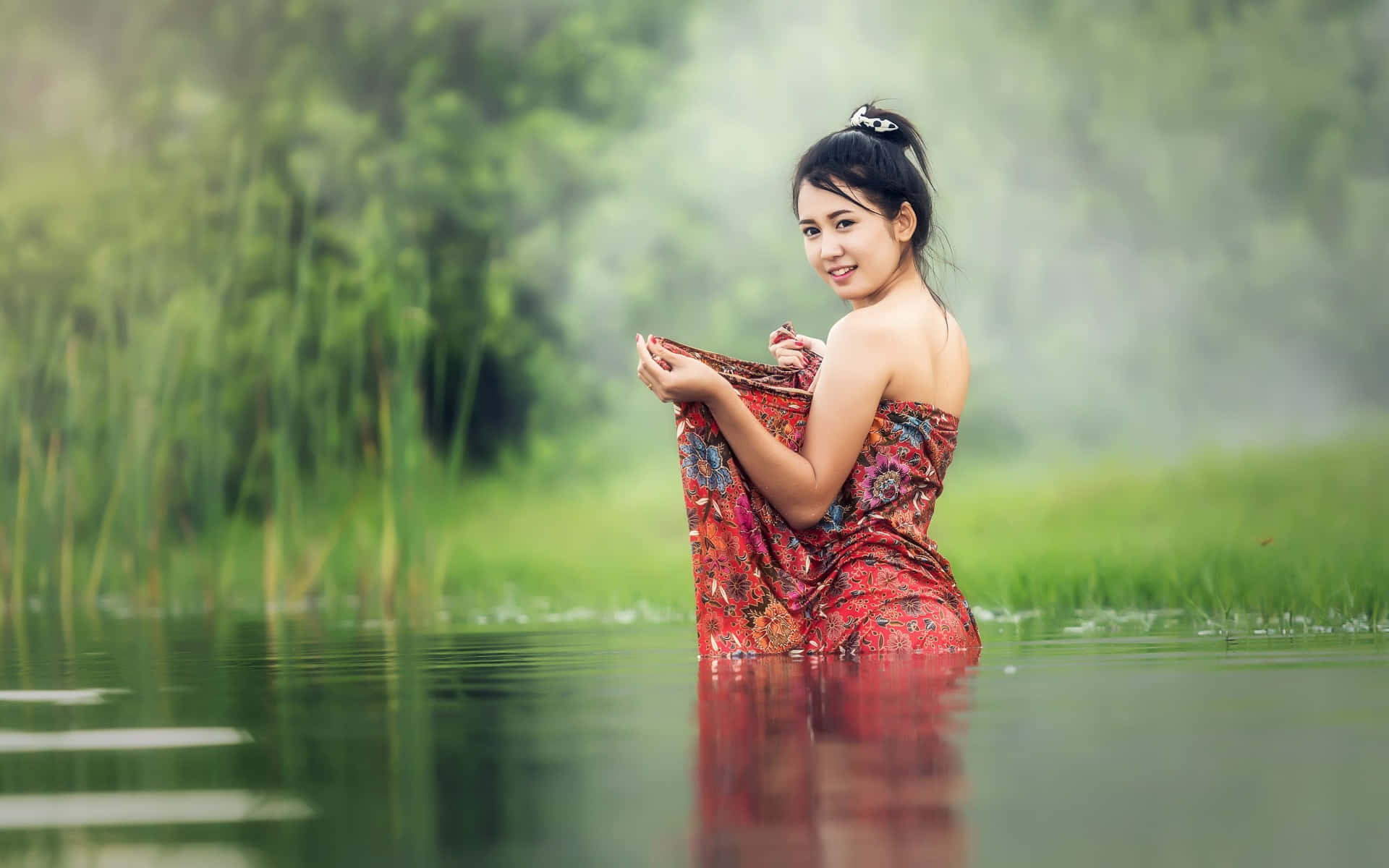 Thai Girl In Lake Background