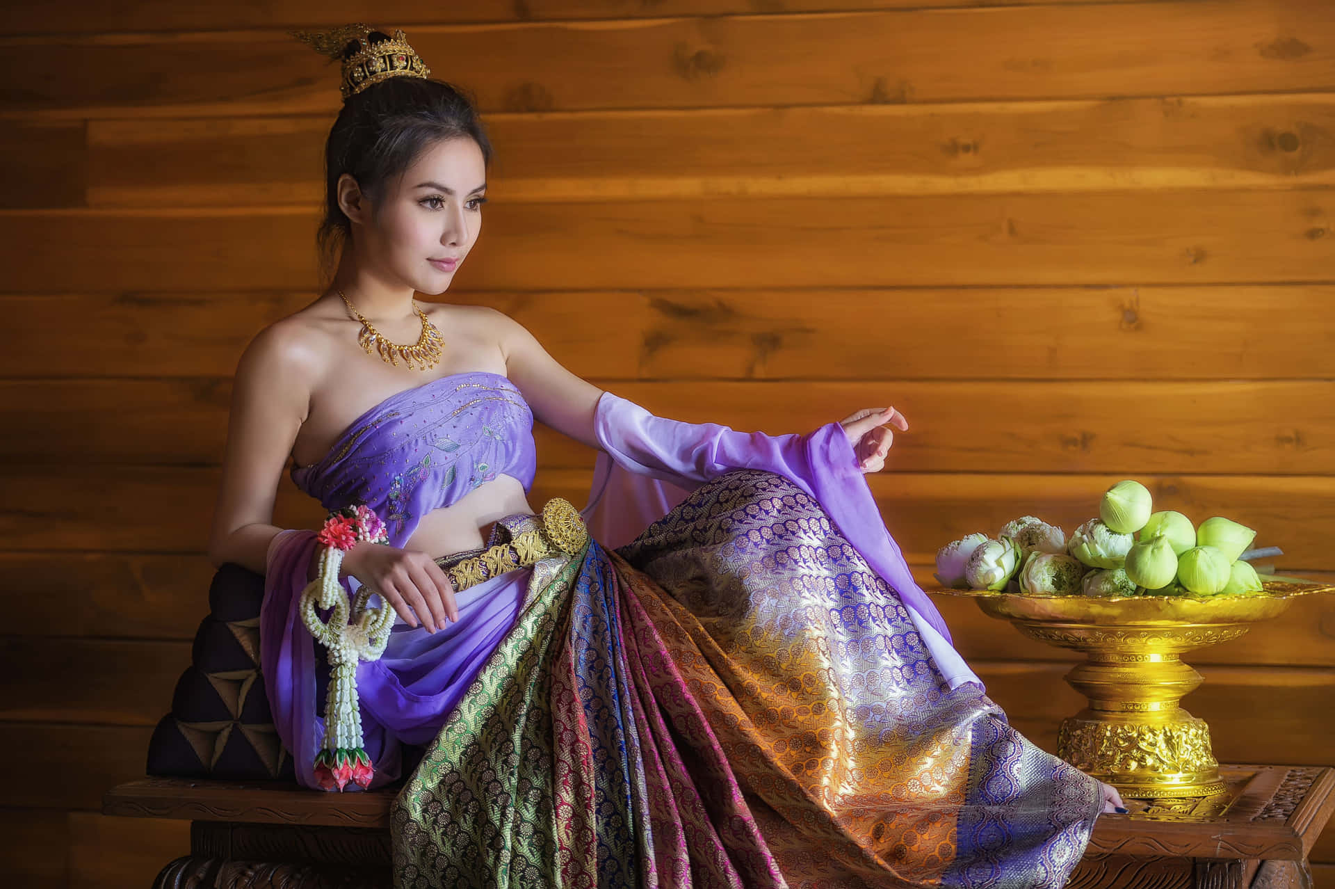 Thai Girl In Traditional Garments Background