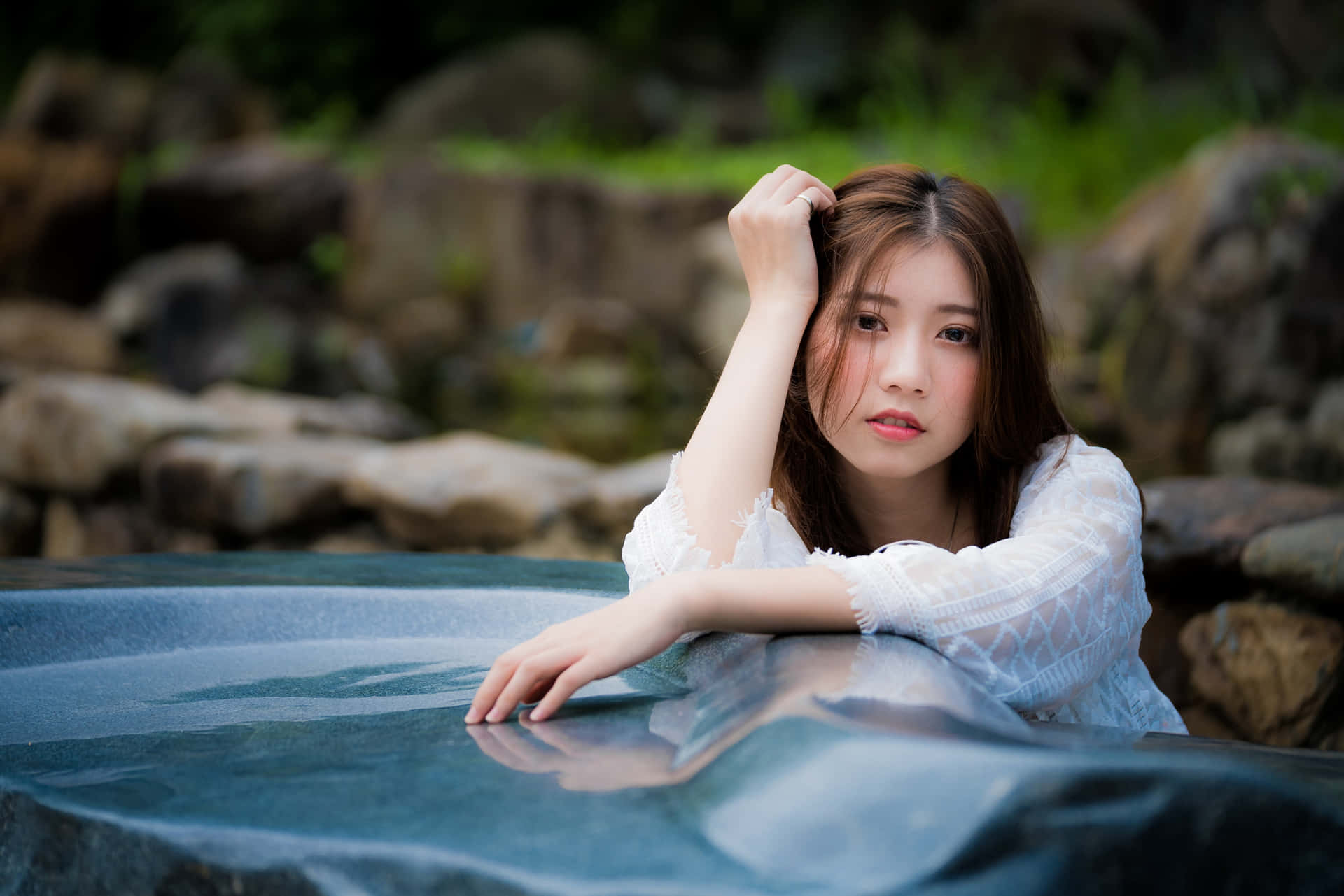 Thai Girl Wearing White Lace Top Background