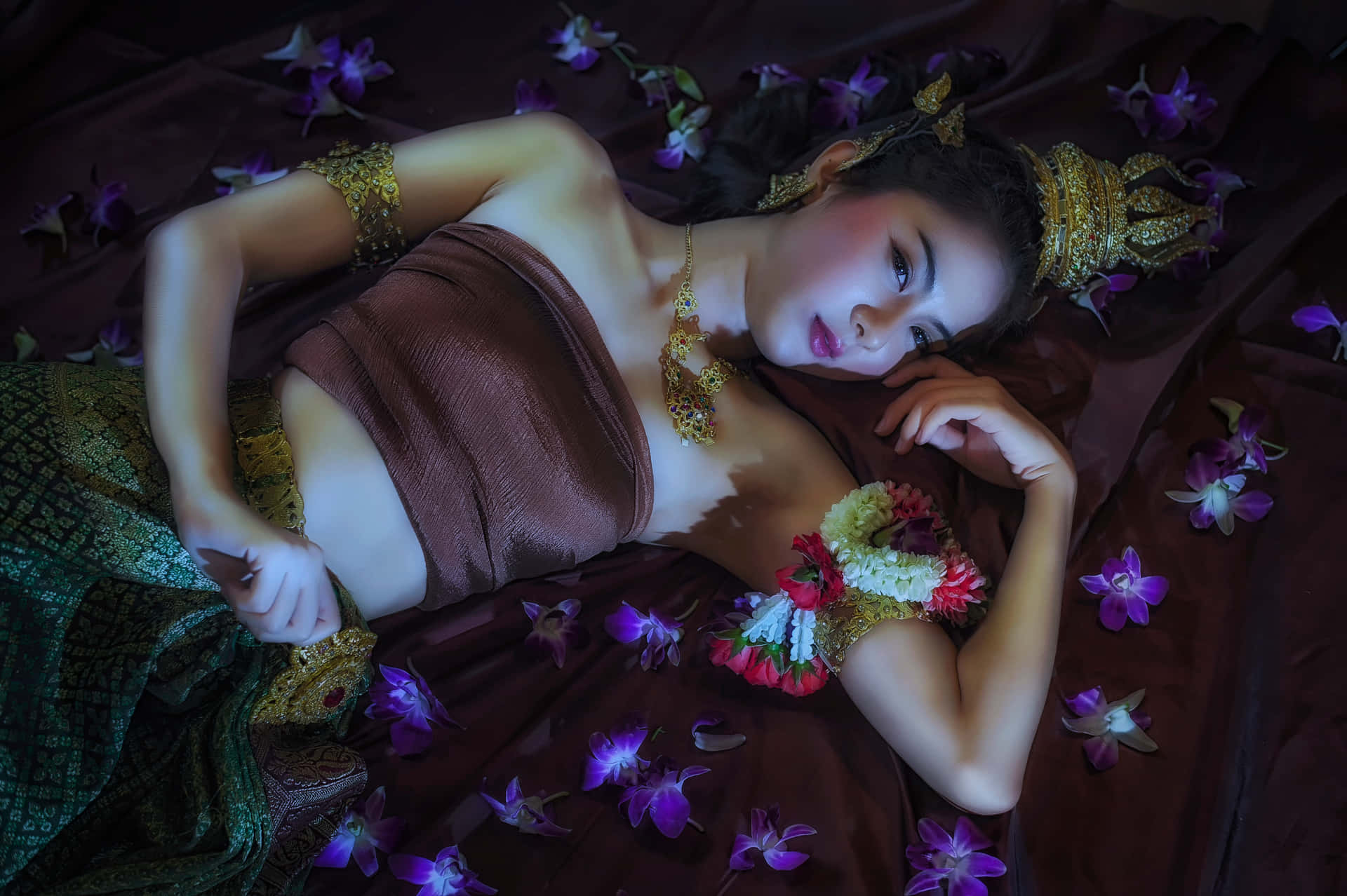 Thai Girl With Purple Flowers