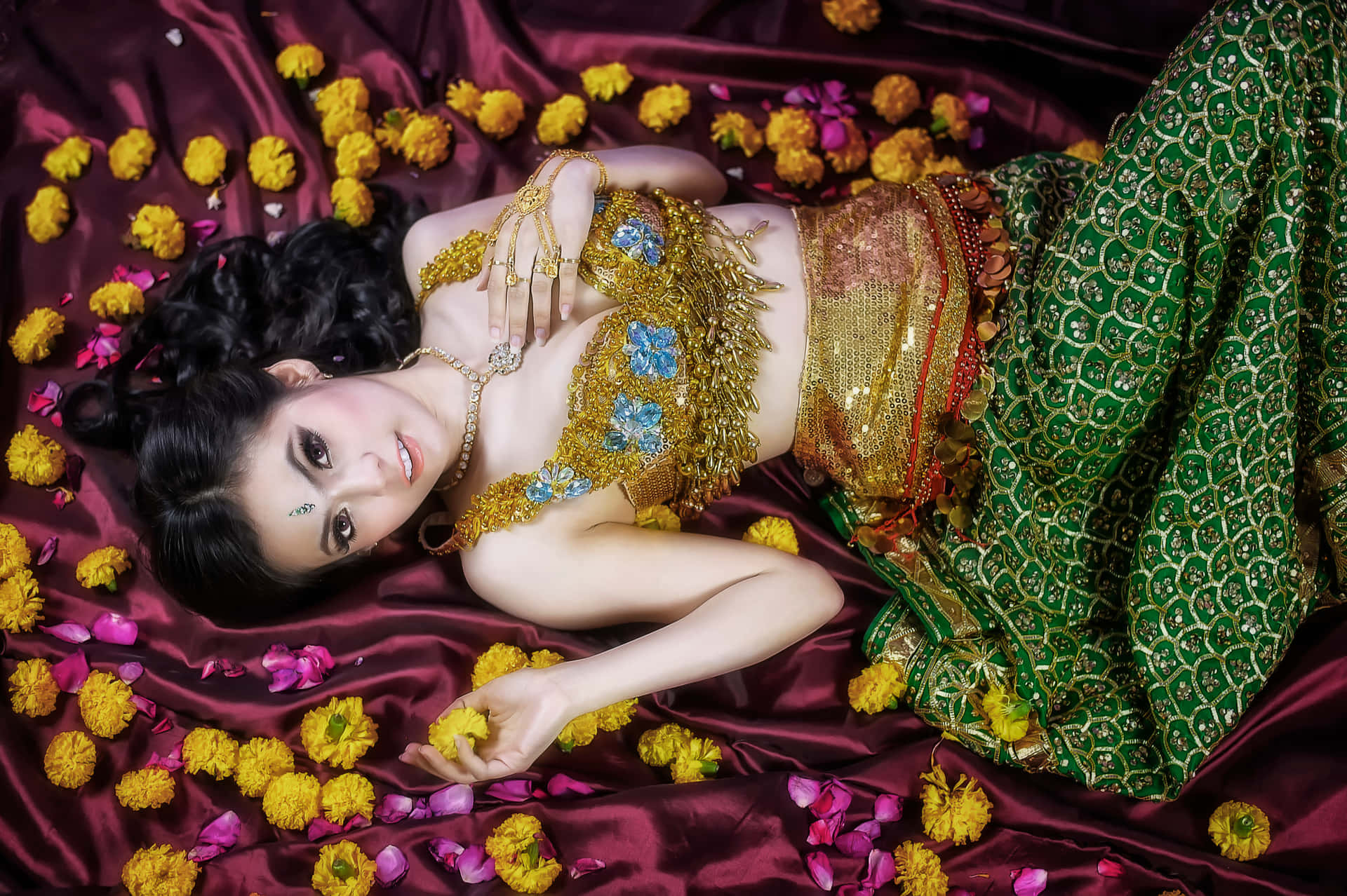 Thai Girl With Yellow Flowers Background