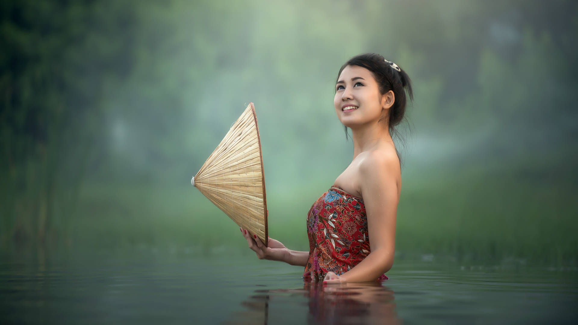 Thailand Woman Staring Up Background