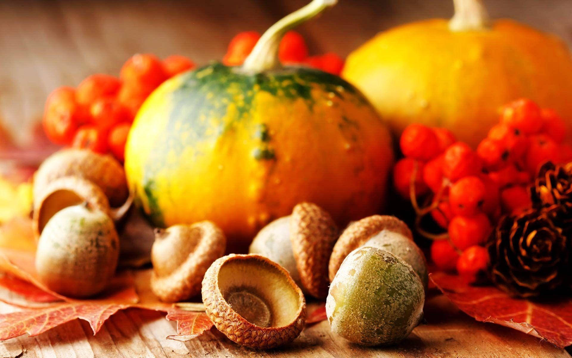Thanksgiving Day Pumpkins And Acorns Background