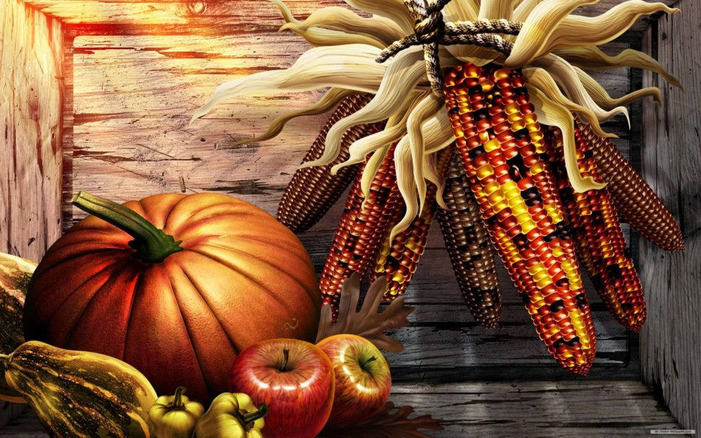 Thanksgiving Day Pumpkins And Flint Corn Background