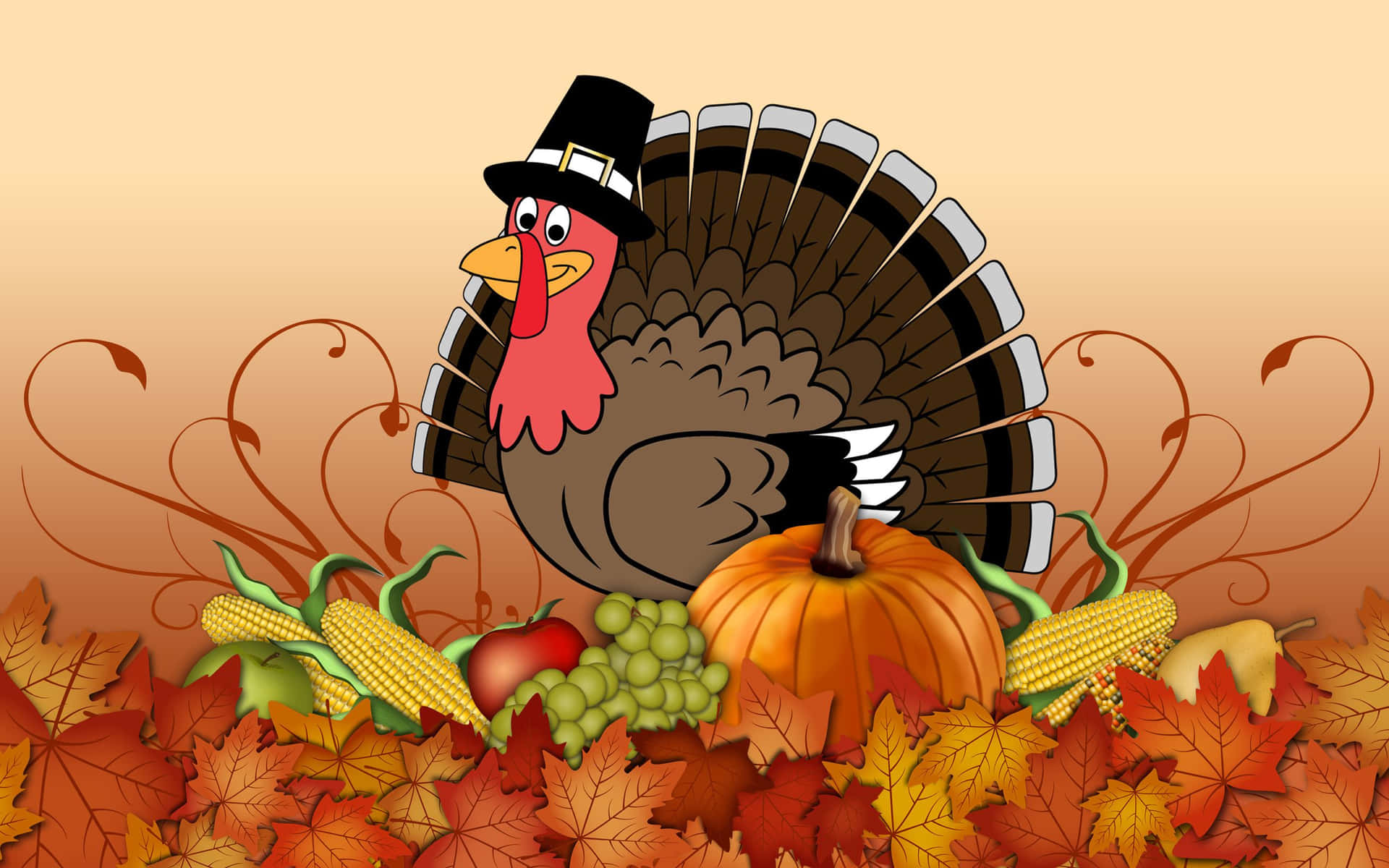 Thanksgiving Turkey With Pumpkins And Corn Background