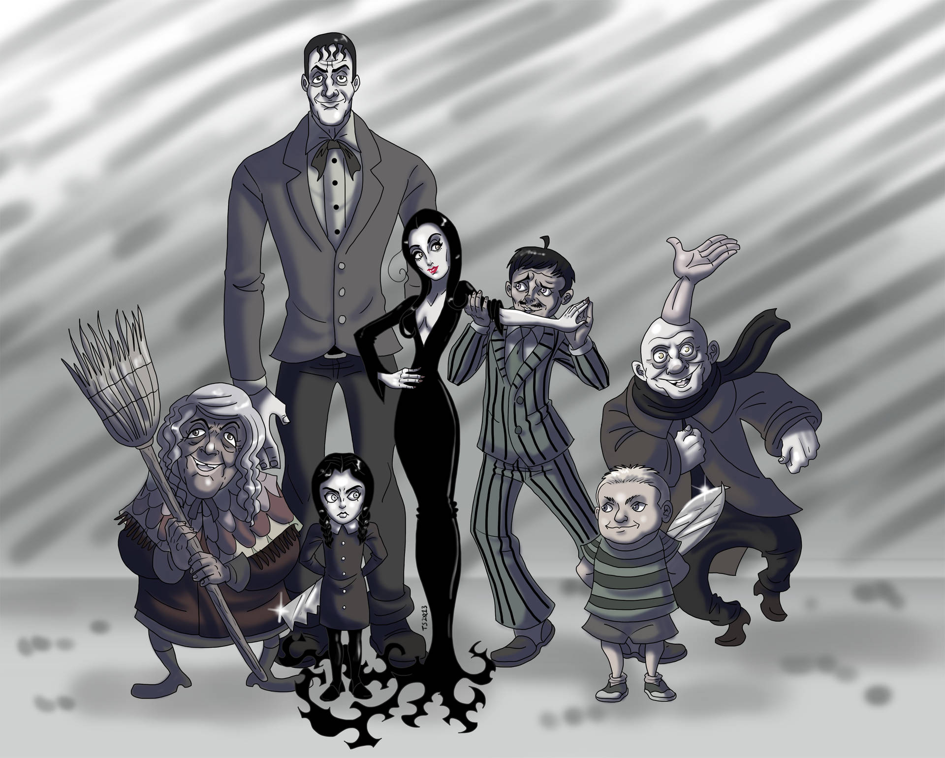 The Addams Family Greyscale Illustration