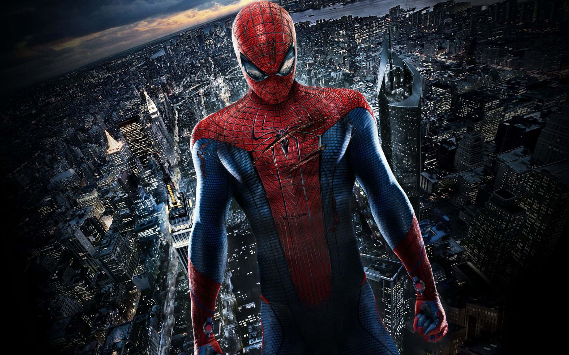 The Amazing Spider Man, As He Swings Through The City Landscape. Background