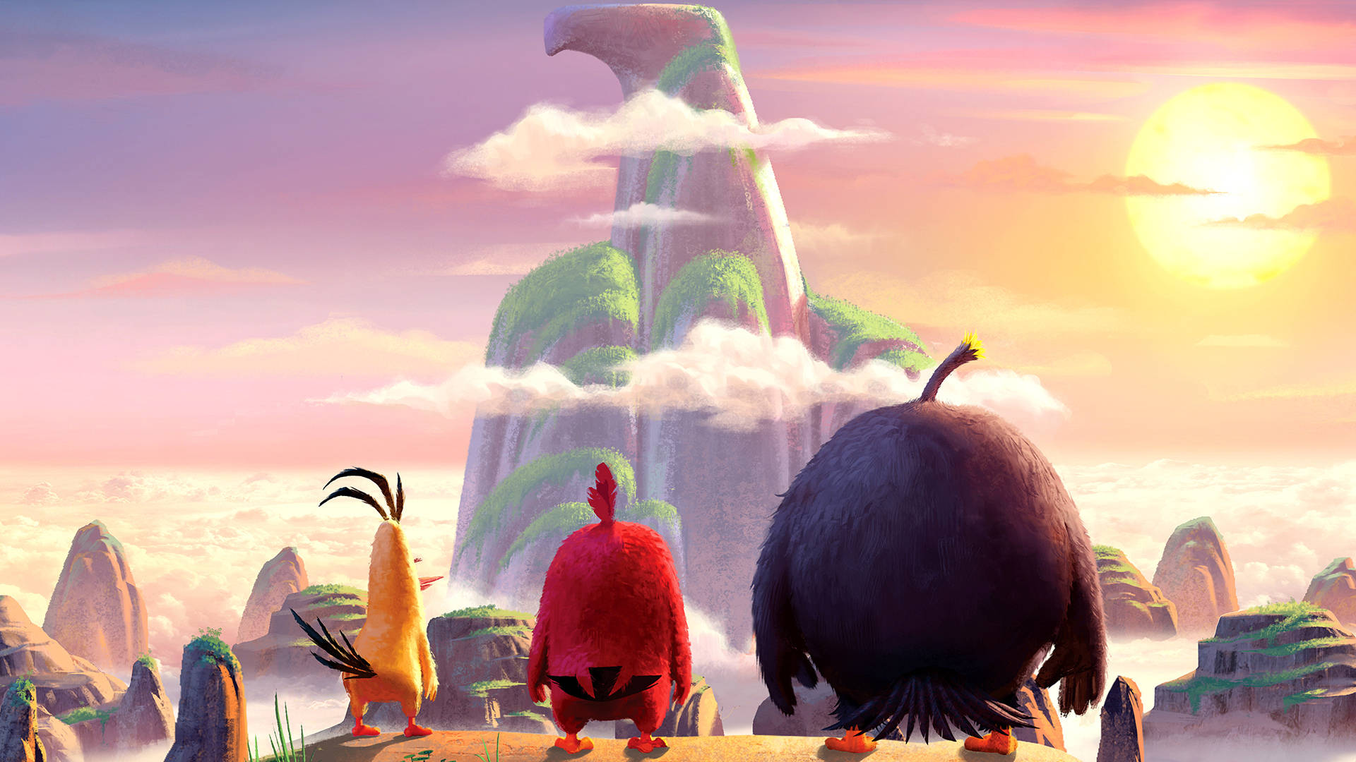 The Angry Birds Movie Characters Facing Eagle Statue Background