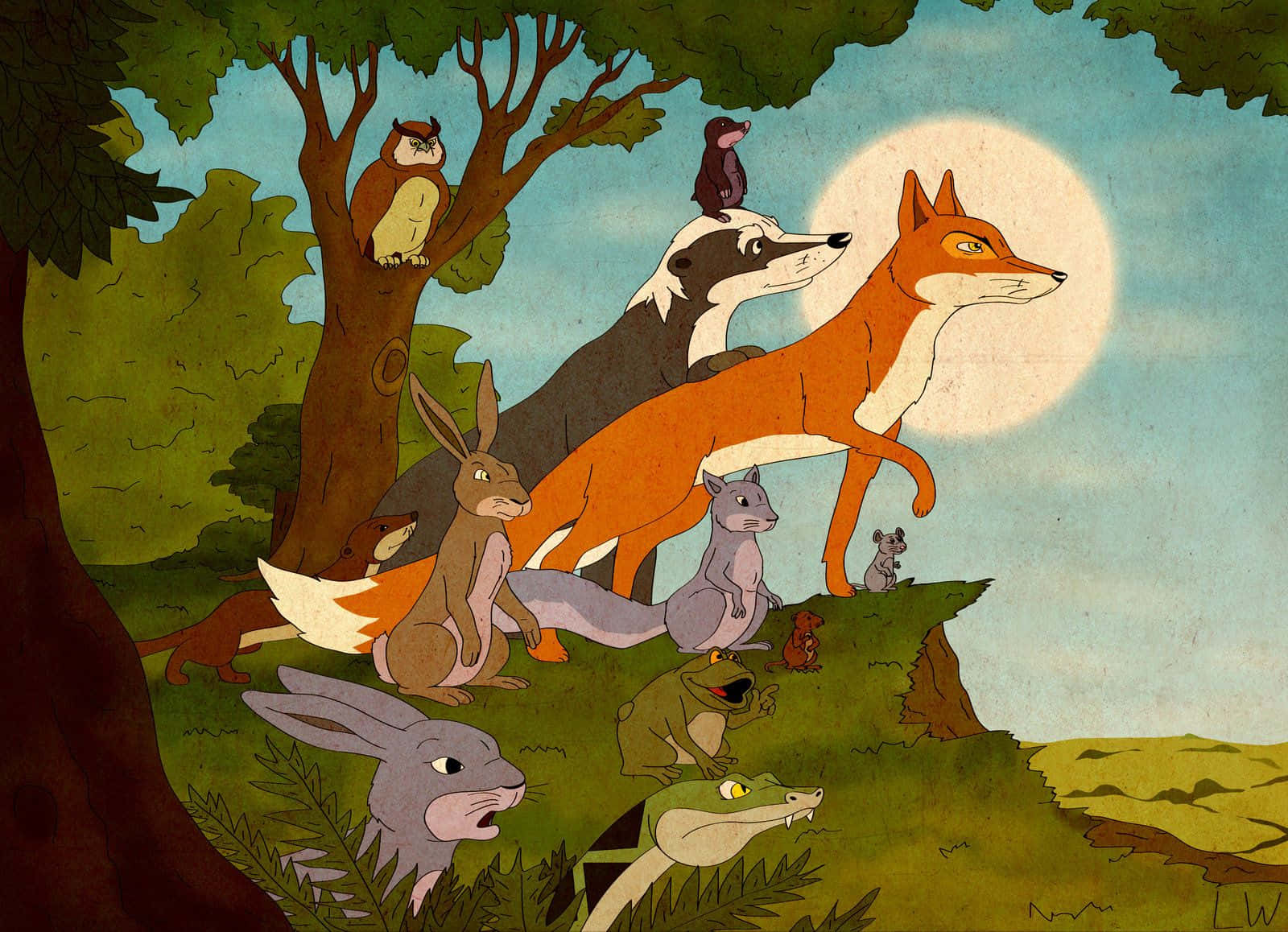 The Animals Of Farthing Wood Posing On A Cliff Background