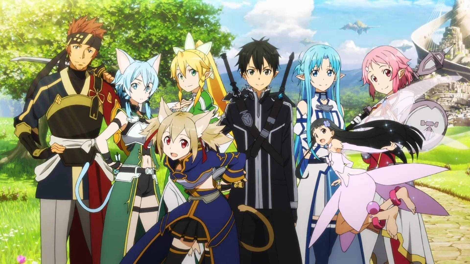 The Anime Characters Are Standing Together In Front Of A Path Background