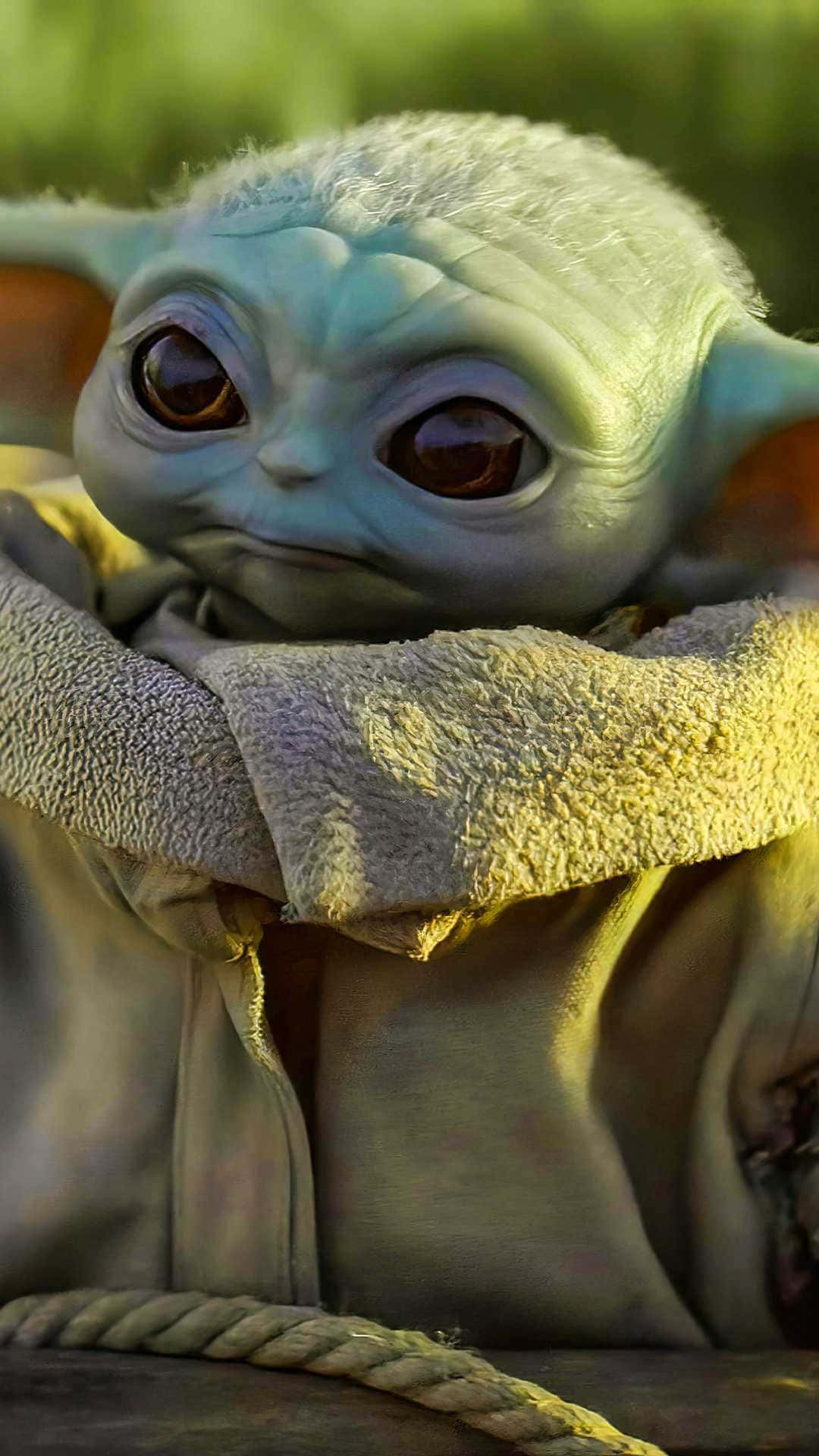 The Baby Yoda Is Sitting On A Wooden Table Background