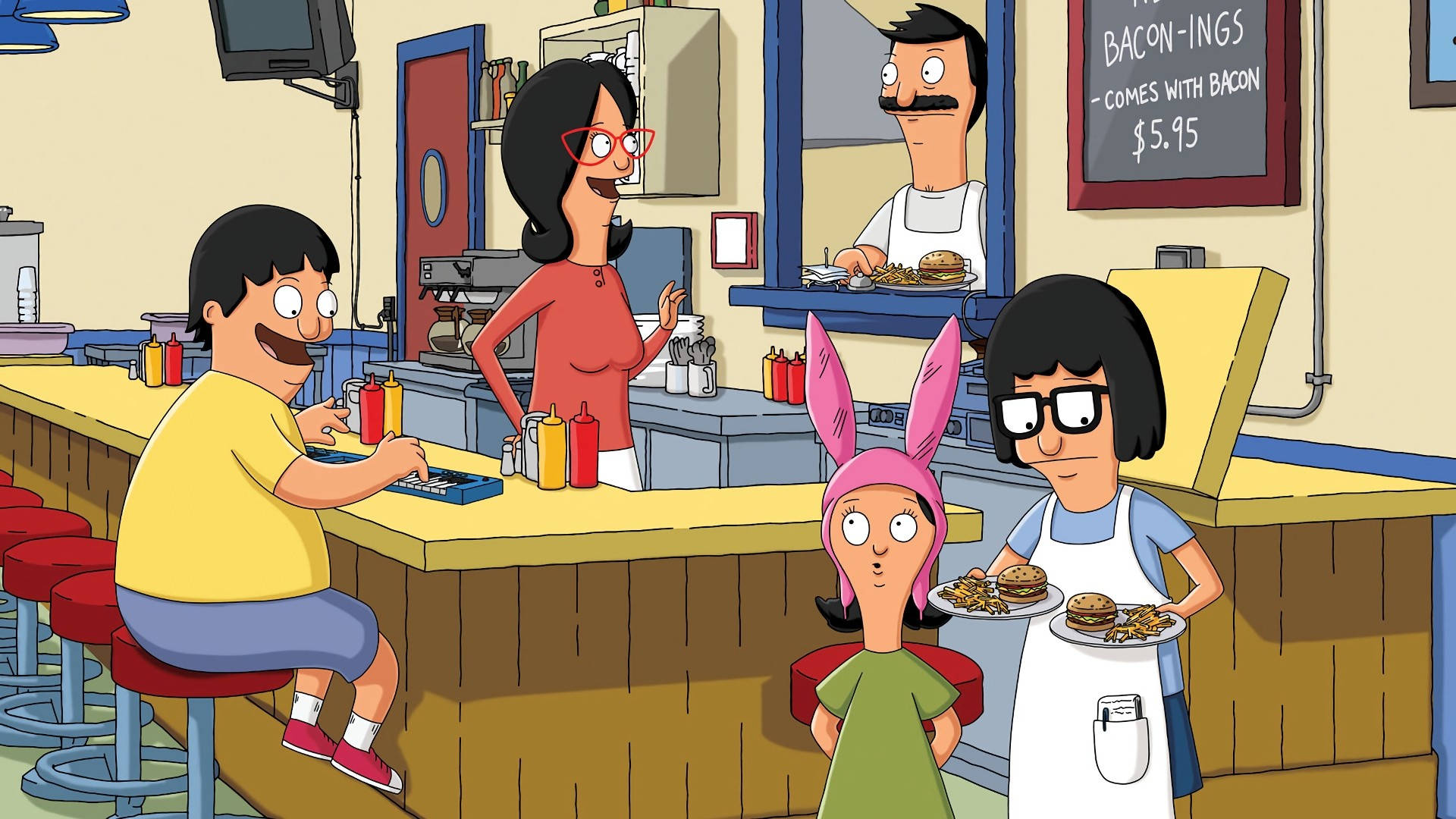 The Belcher Family From Bob's Burgers Serving Delicious Burgers.