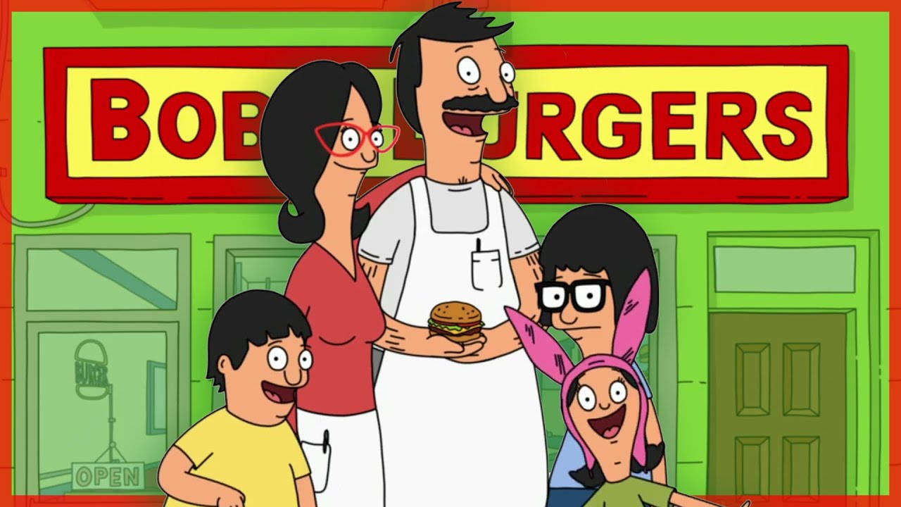 The Belcher Family Standing In Front Of Bob's Burgers Restaurant Background