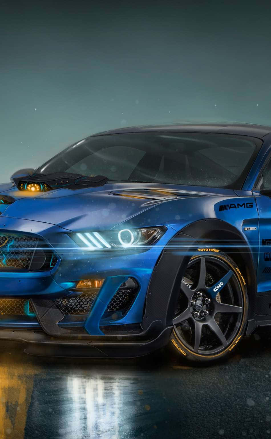 The Blue Mustang Is Driving On The Road Background