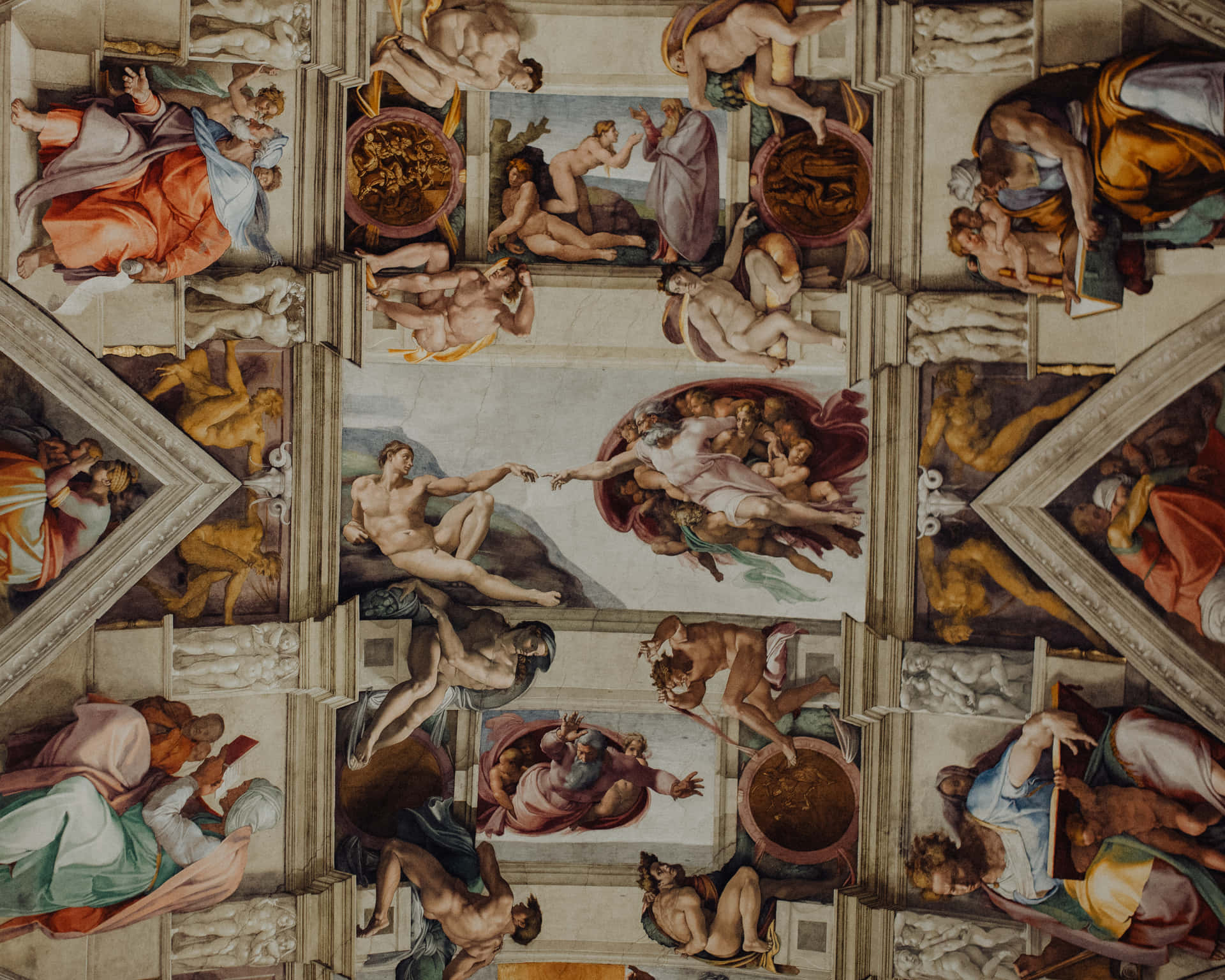 The Ceiling Of A Church With Many Paintings Background